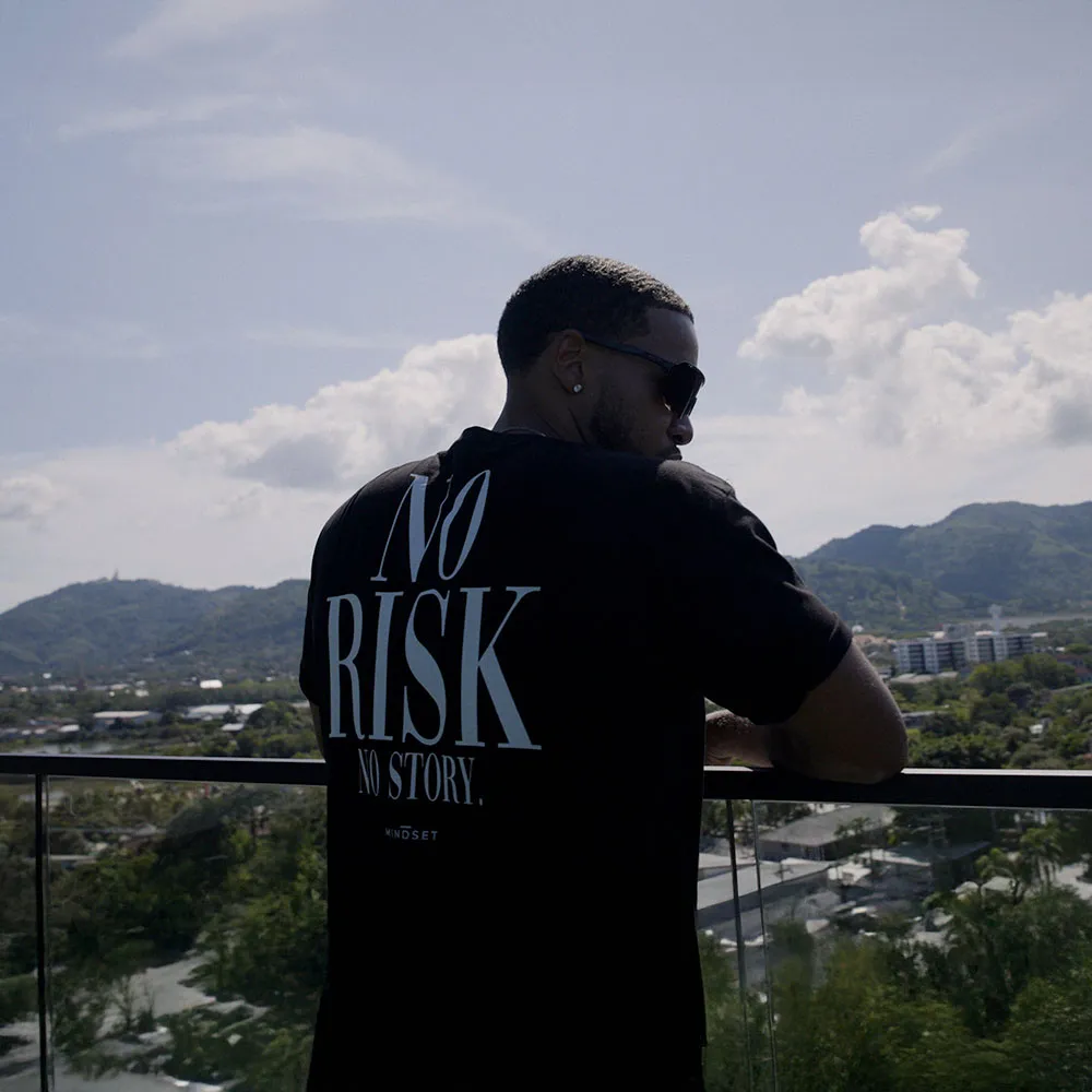 Mindset Studio “No Risk No Story” shirt banner, rooftop lifestyle shoot in Phuket