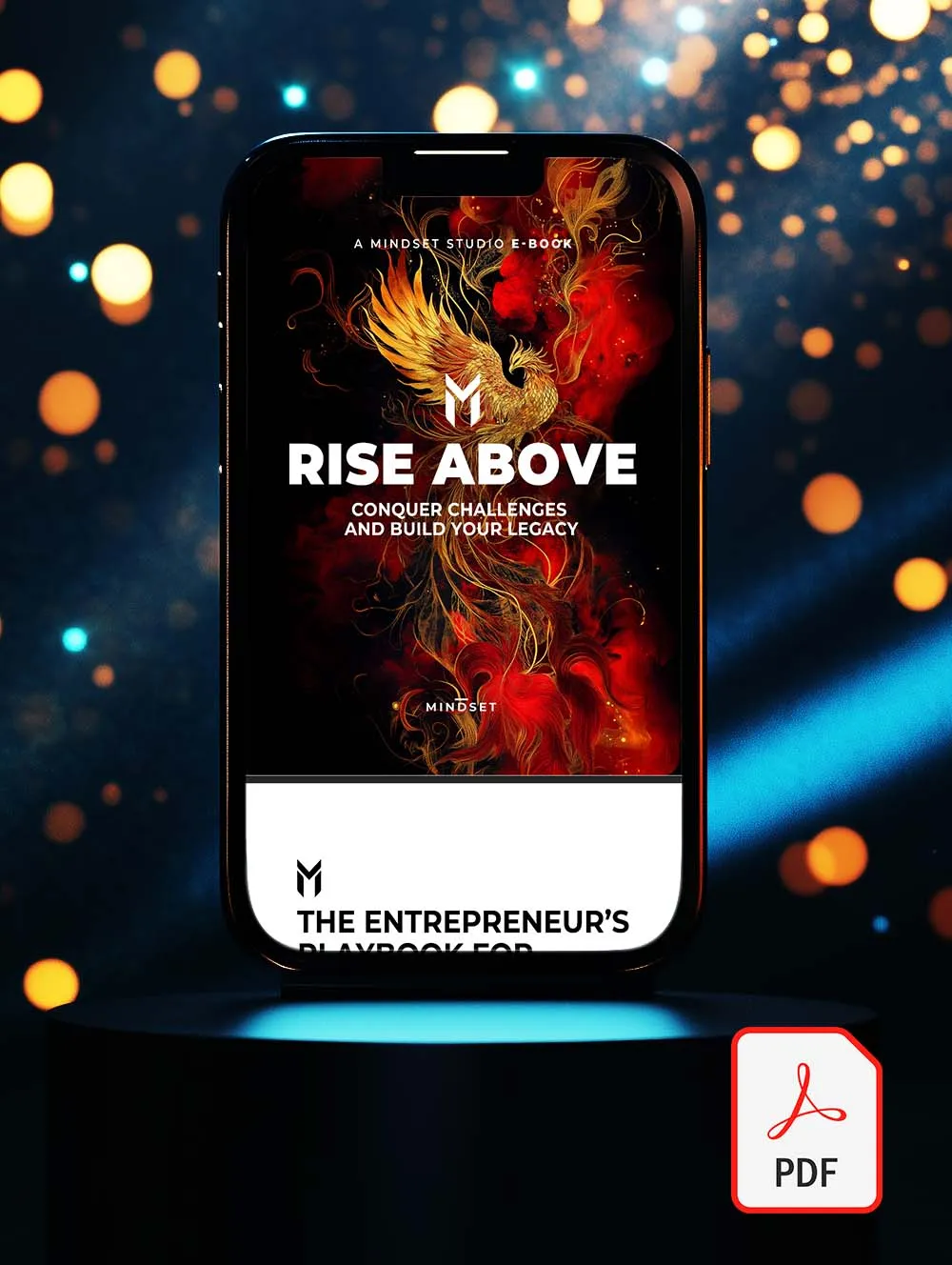 Product shot of the Mindset Studio “Rise Above” digital course with AI background