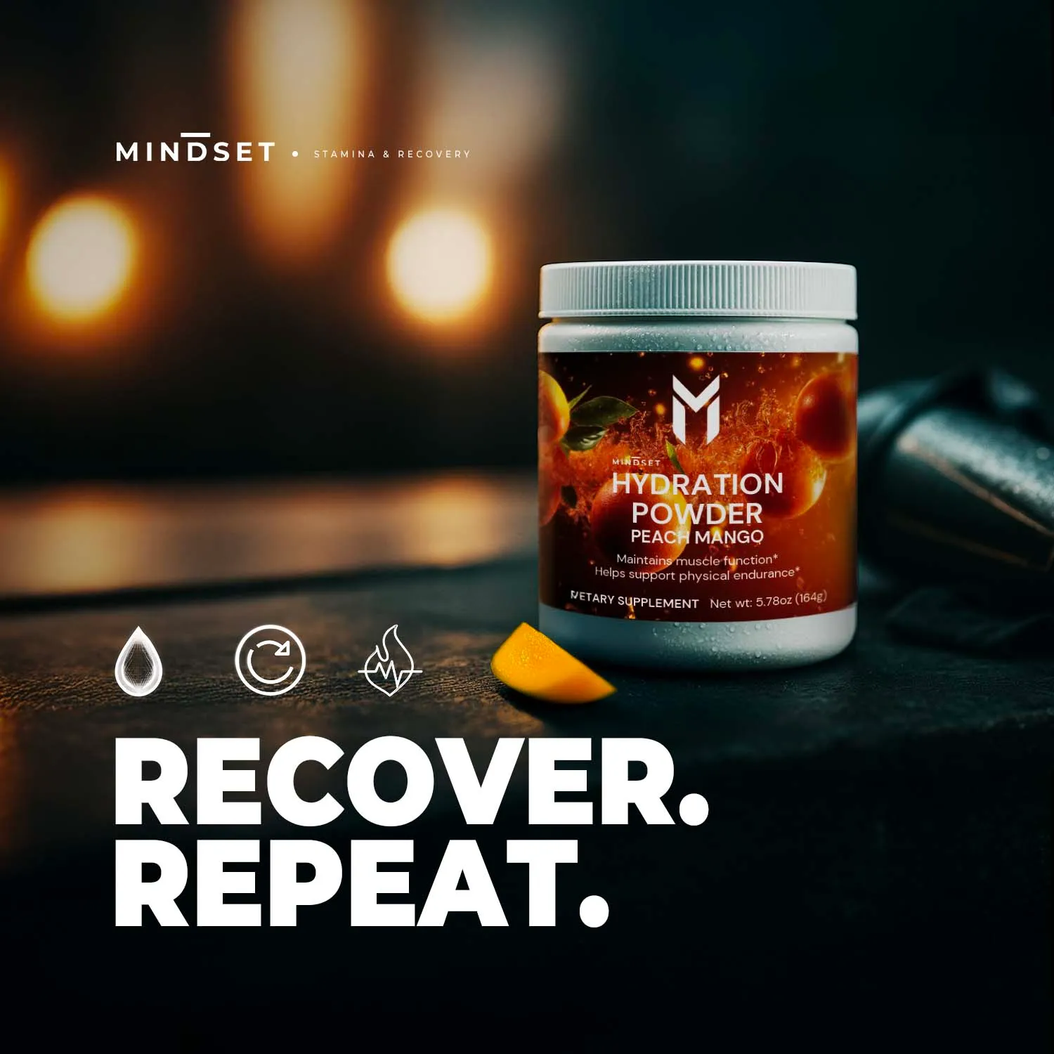 Mindset Studio “Recover. Repeat.” banner for the hydration powder, AI visual