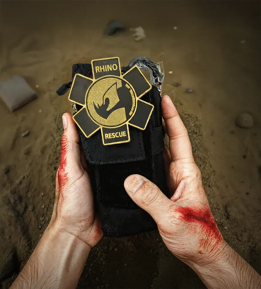 Rhino Rescue medi-kit from Protivex held in hand, lifestyle shot for ads