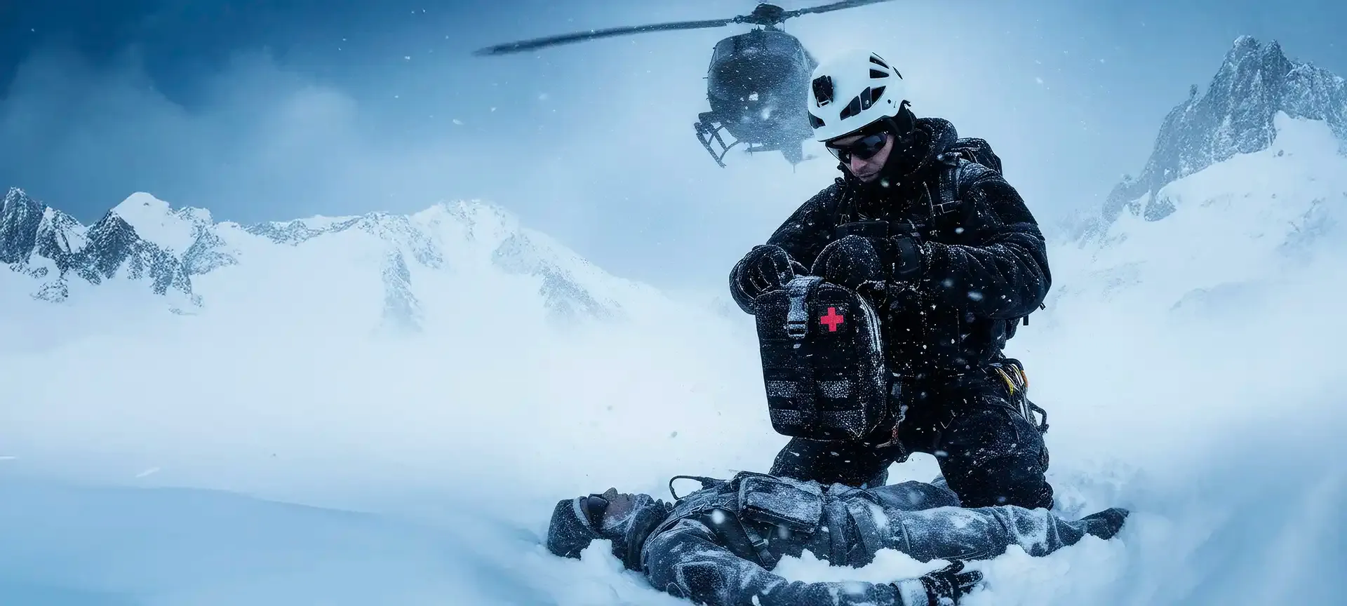 Cinematic Protivex homepage banner: medi-kit in the foreground, rescue helicopter behind