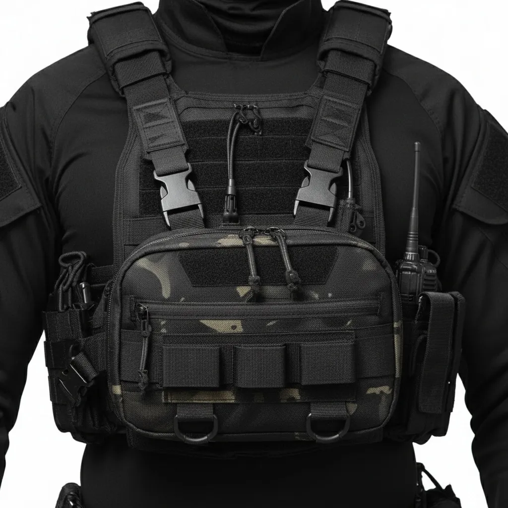 AI product shot of a tactical Protivex bag with a model in rescue gear