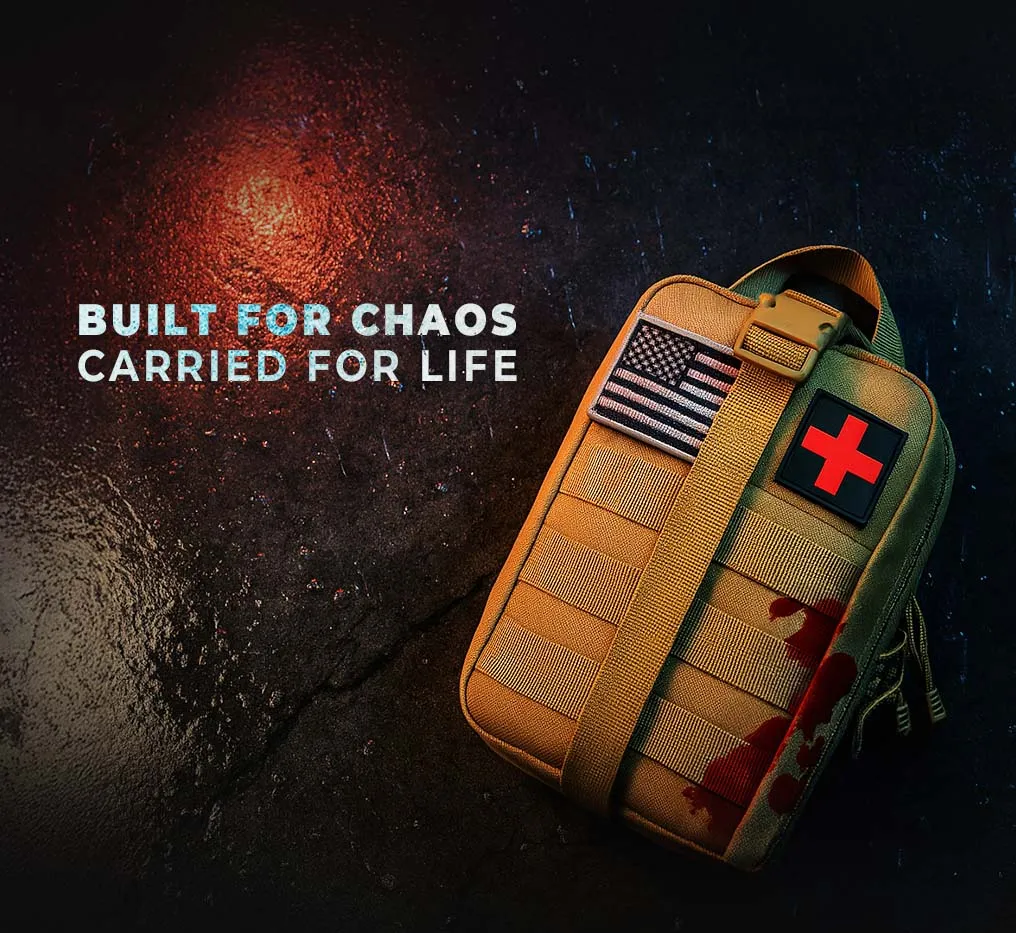 Protivex medi-kit on a rainy night with the slogan “Built for Chaos. Carried for Life.”