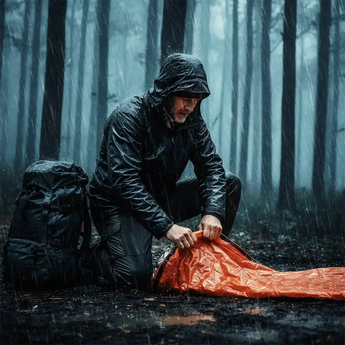 Protivex survival gear banner: red emergency tent in a dark, stormy forest