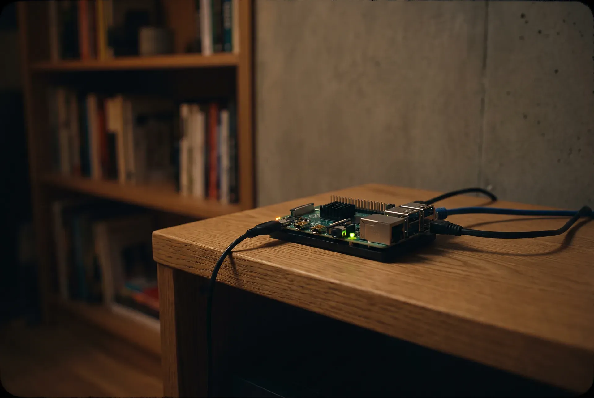 A small node on a bookshelf, status LEDs and a plugged-in ethernet cable, warm light — a machine quietly doing its work at home