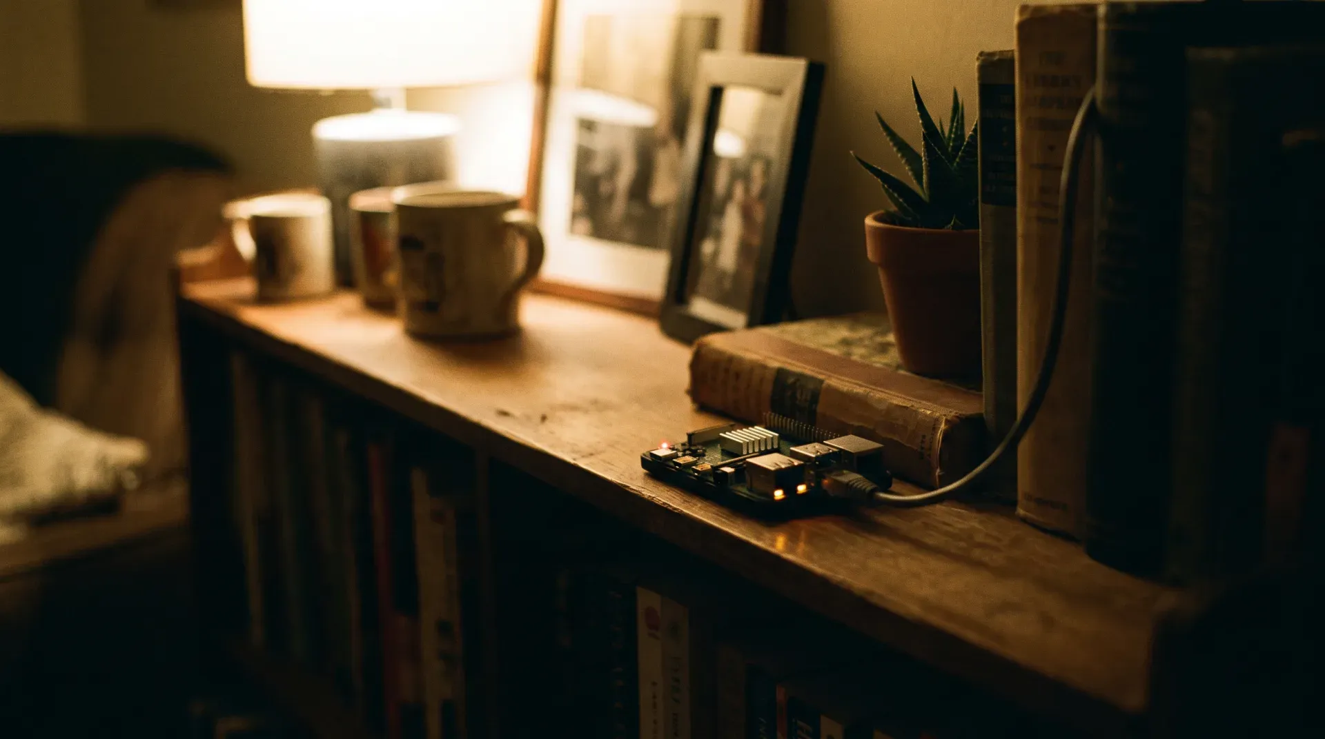 Un piccolo computer a scheda singola con LED di stato accesi su uno scaffale tra libri e una pianta, luce calda di lampada — una piccola macchina che lavora in silenzio a casa