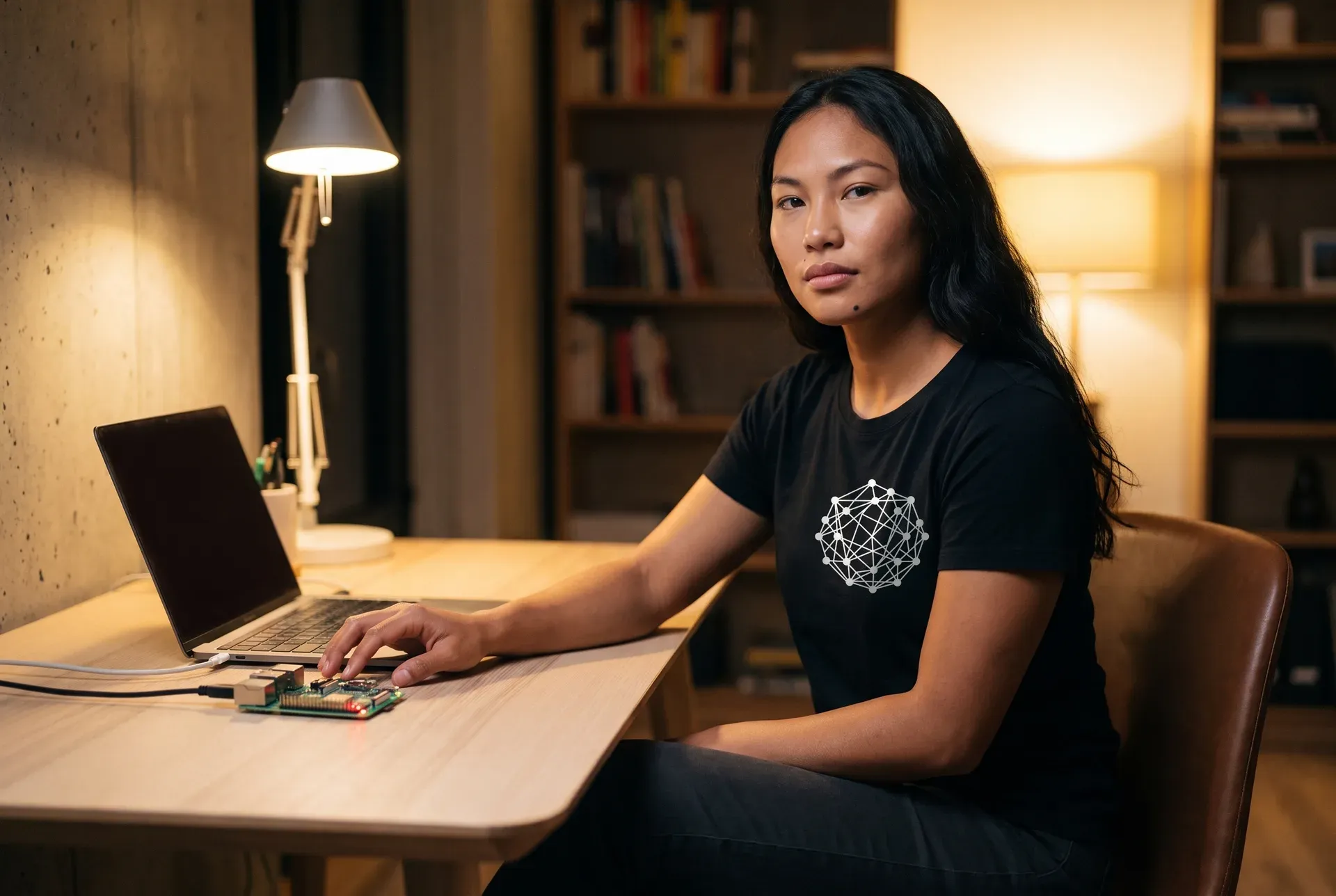 A woman in a dark Node Network tee at a desk with a small node computer and status LEDs — focused home-office mood