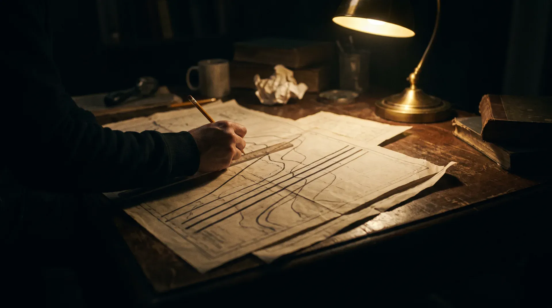 A hand drawing lines with pencil and ruler across printed price charts on a dark desk under lamplight