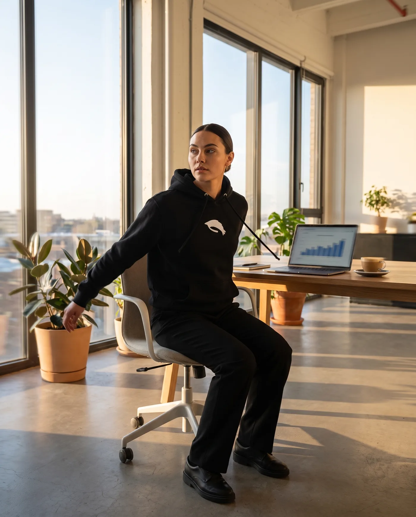 Model in the Shrimp Hoodie rising from a desk in a co-working loft