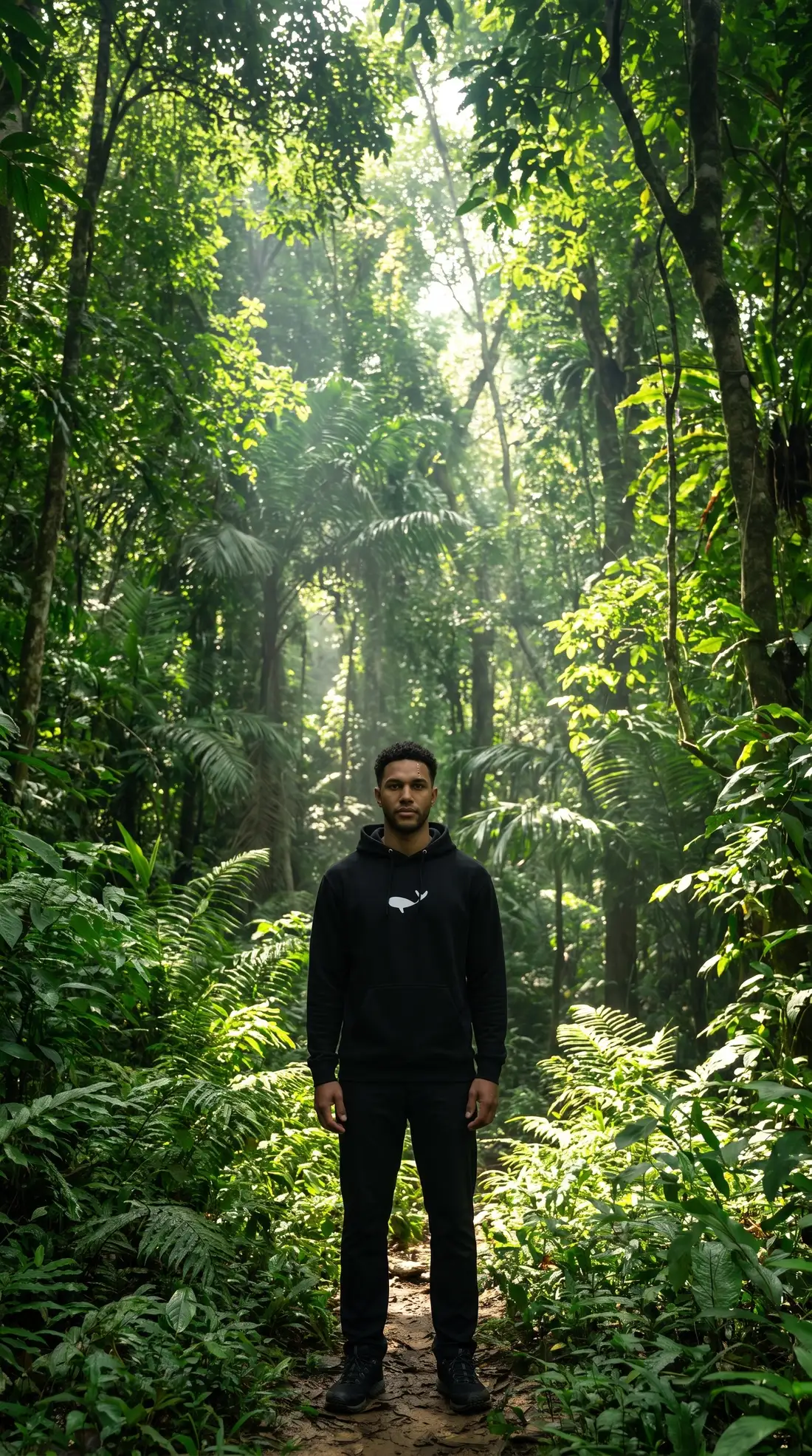 Model in the Whale Hoodie small on a path in the Thai jungle