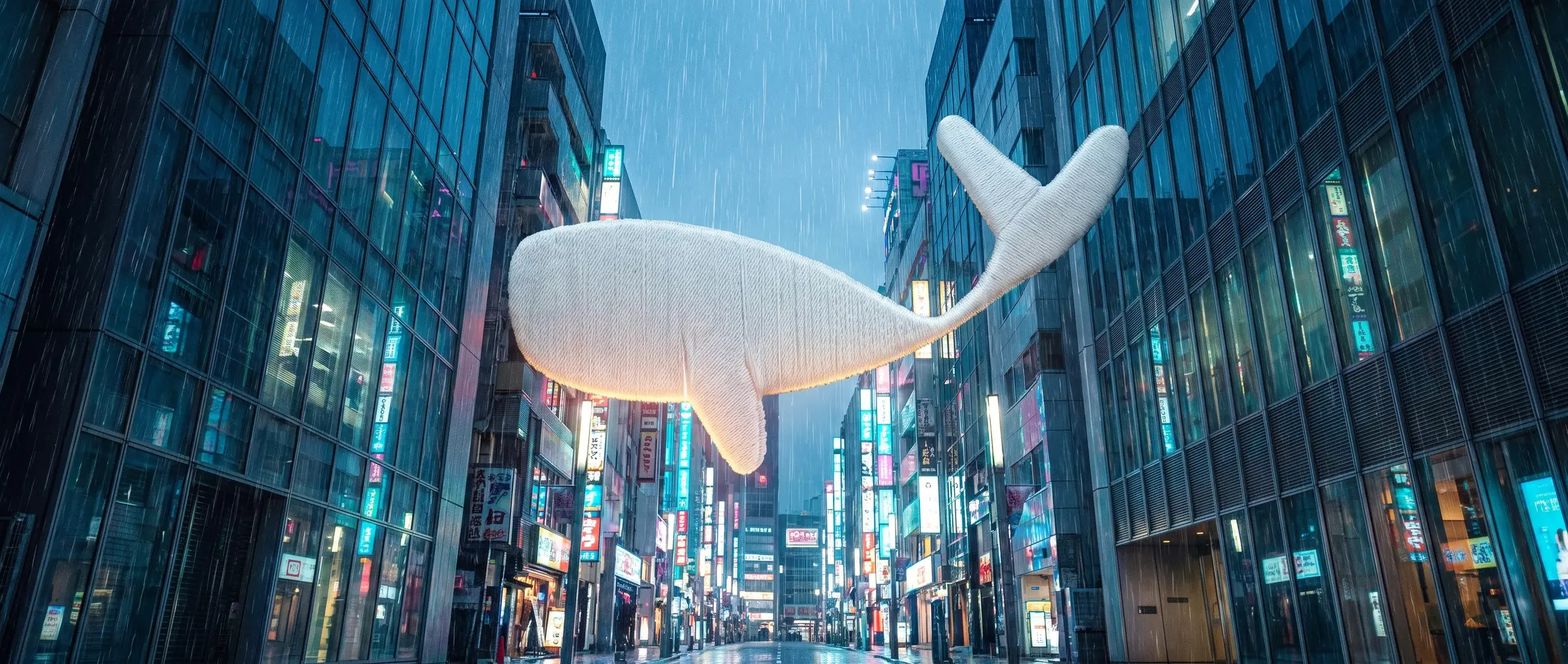 Giant thread-textured whale swimming between Tokyo high-rises in the rain