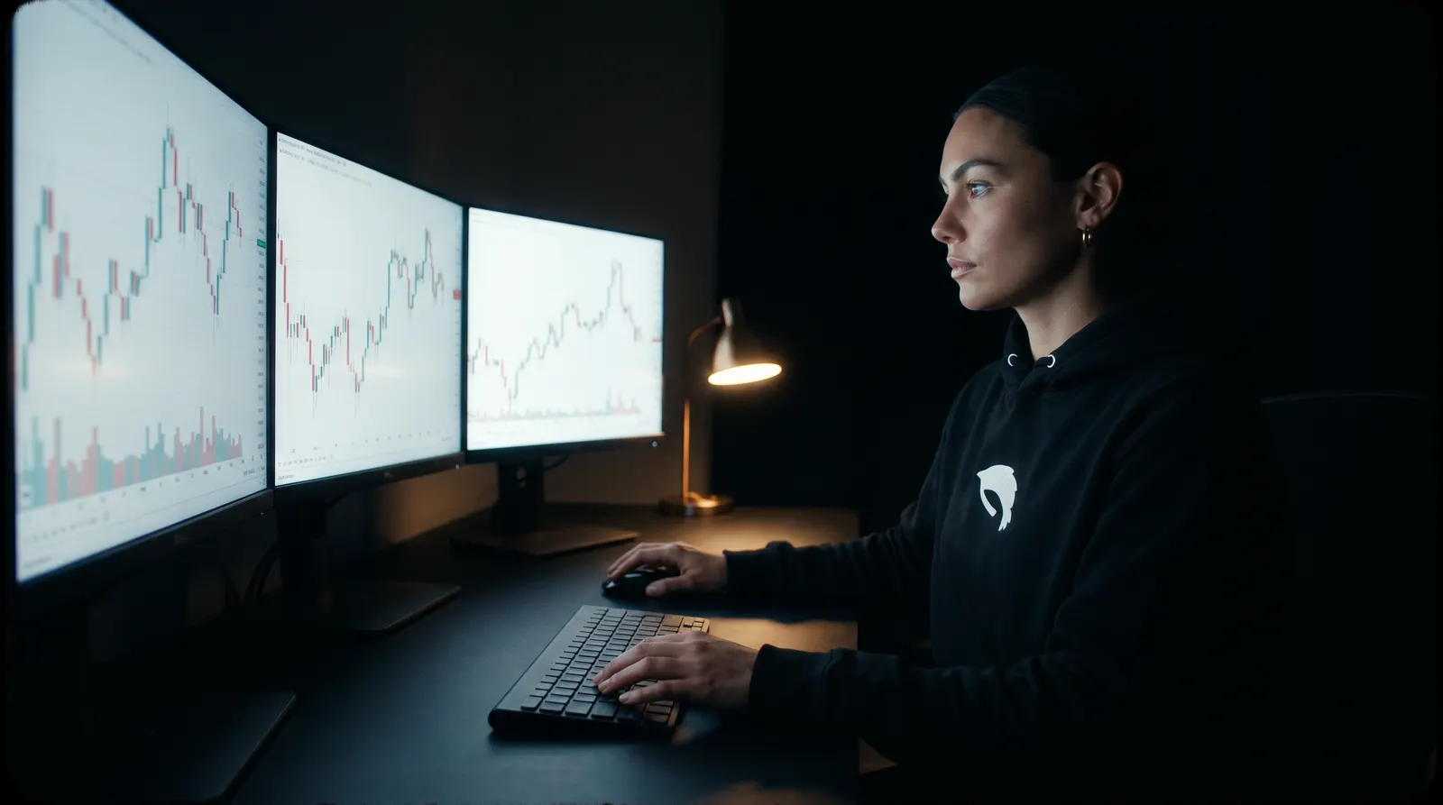 Model in the Shrimp Hoodie at the same trading desk in the monitor glow