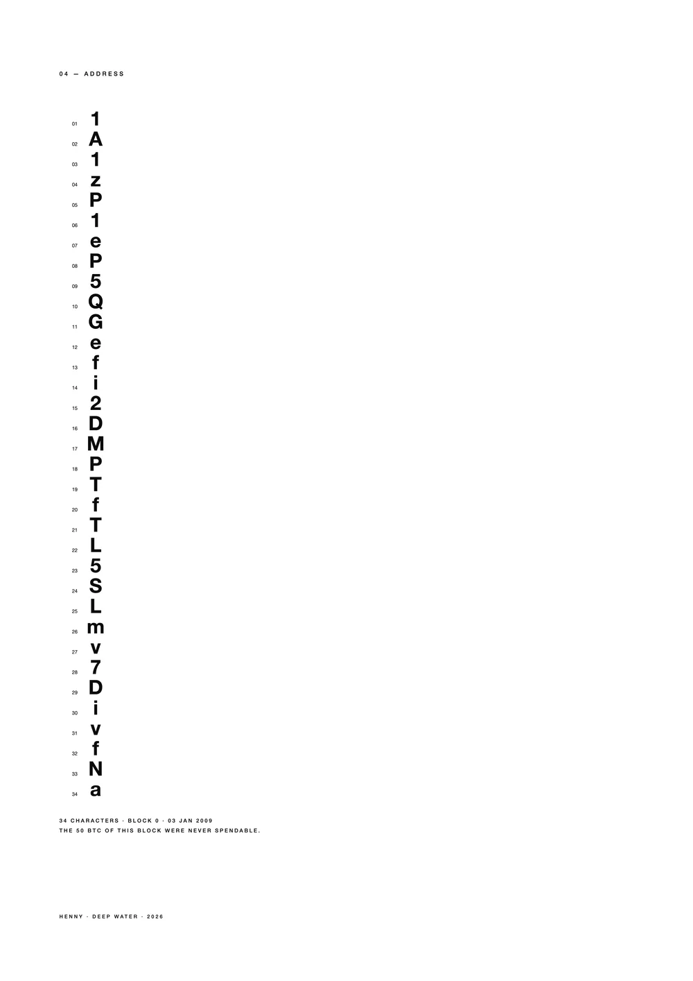 A2 poster: the 34 characters of the genesis address as a numbered column — Deep Water, edition of 50