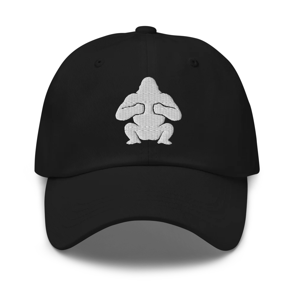 Black dad cap with an ape embroidered in white — edition of 200