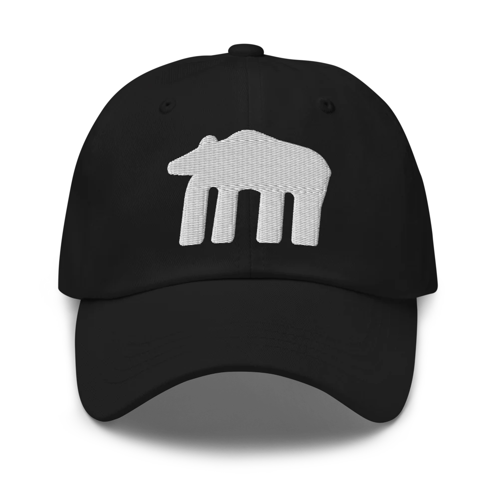 Black dad cap with a bear embroidered in white — Deep Water, edition of 200
