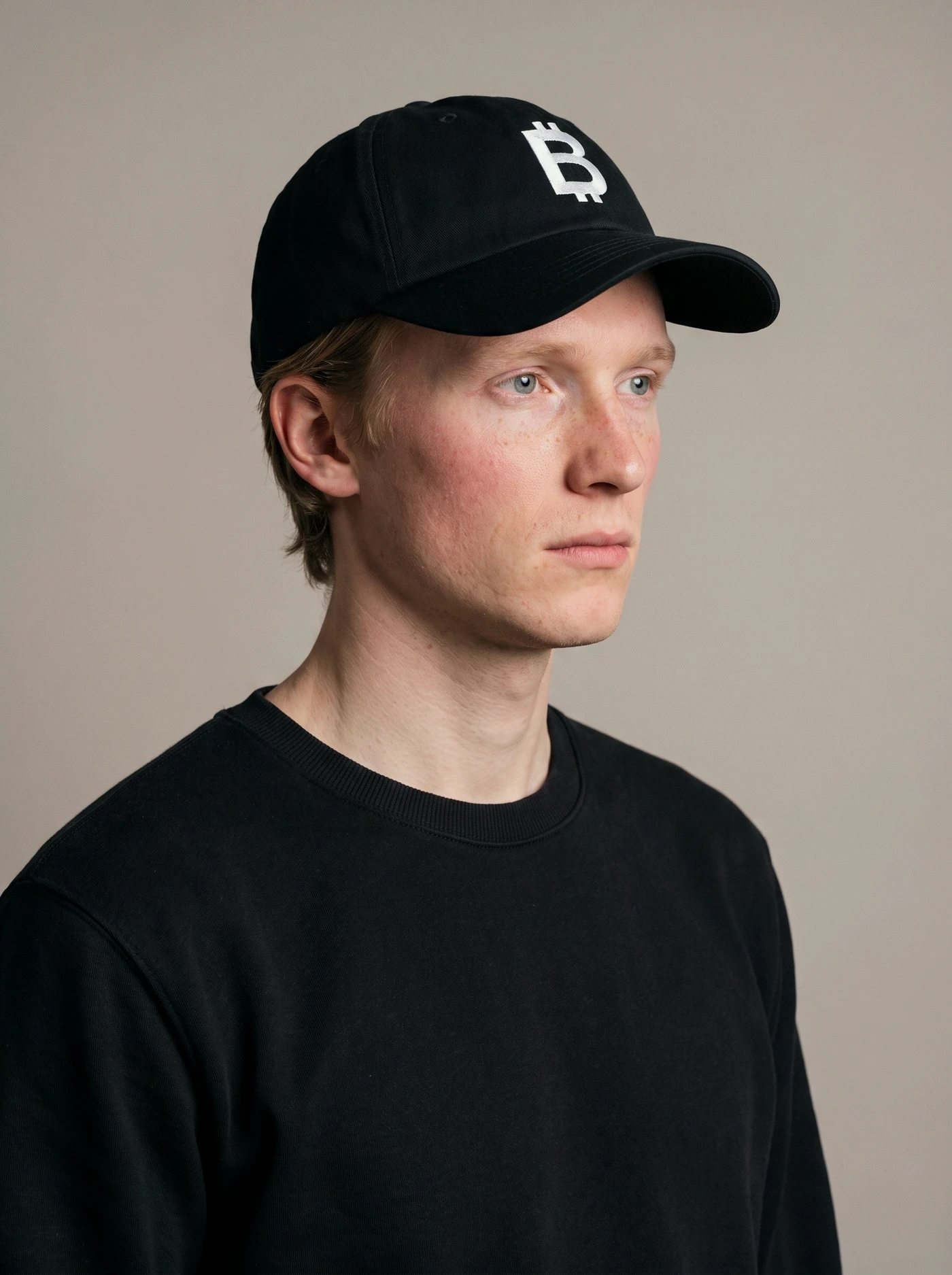 Bitcoin Cap — Worn, from the side