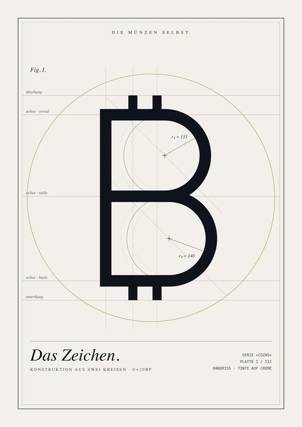 A2 poster: the Bitcoin mark as a two-circle construction drawing — line-art series, edition of 50