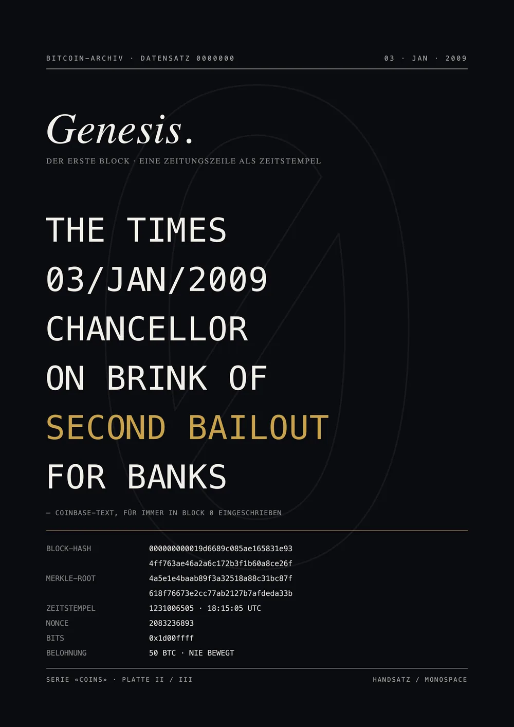 A2 poster: the Times headline from Bitcoin's genesis block as a letterpress print — line-art series, edition of 50