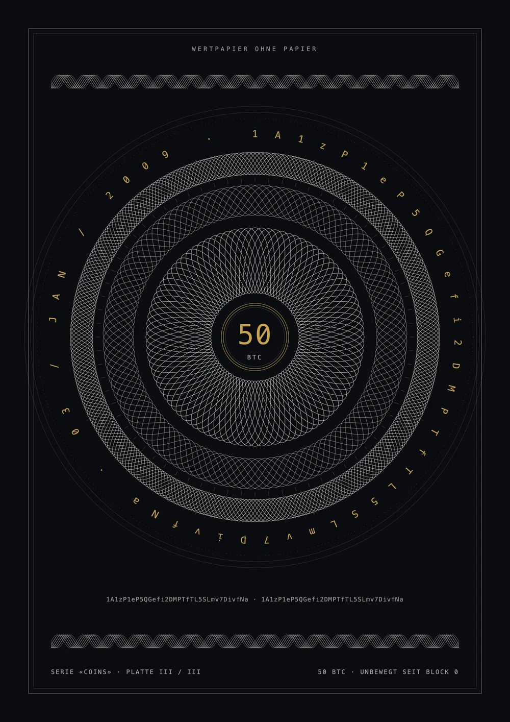 A2 poster: the Bitcoin genesis address as a column of characters — line-art series, edition of 50