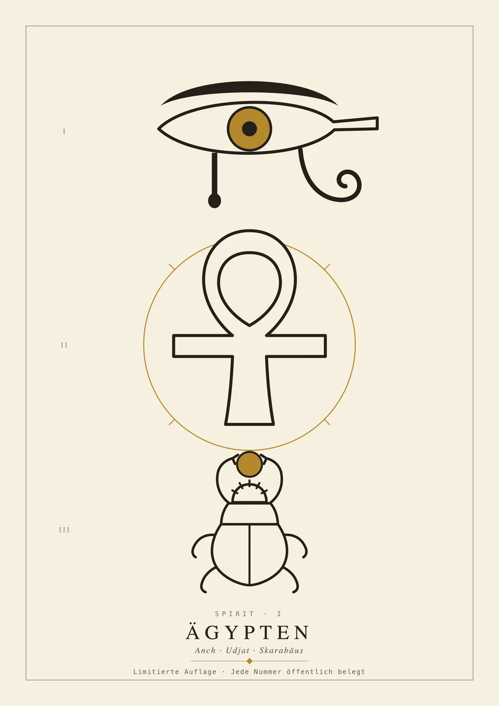 A2 poster: ankh, Eye of Horus and scarab as ancient Egyptian signs, line art — edition of 50