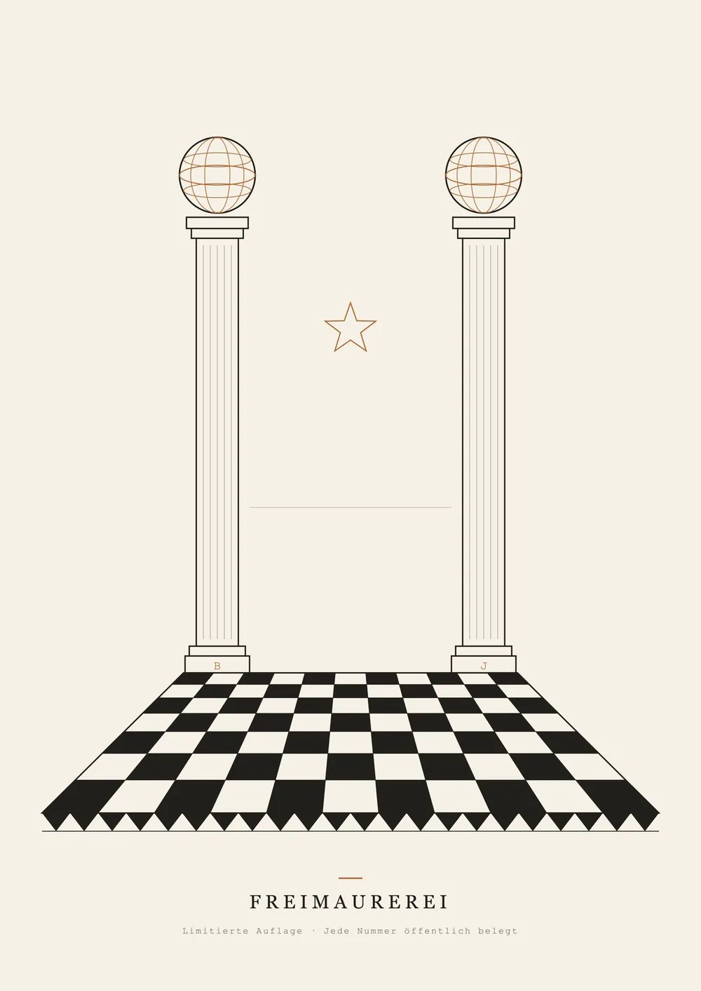 A2 poster: the two pillars Boaz and Jachin on the mosaic floor with the blazing star, line art — edition of 50