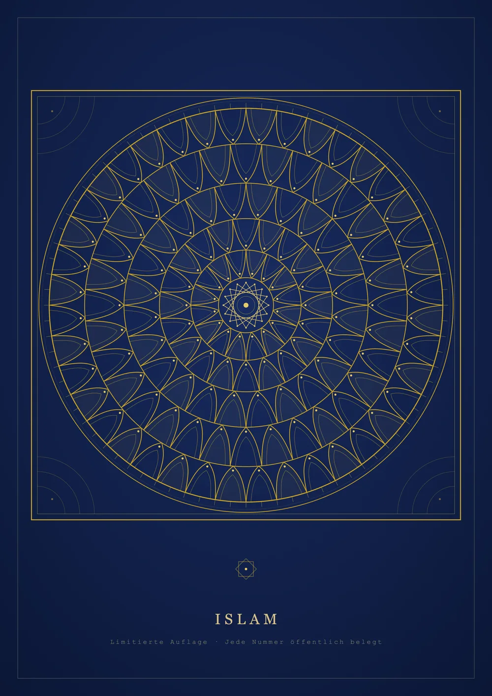 A2 poster: an endless geometric pattern in gold on midnight blue, line art — edition of 50