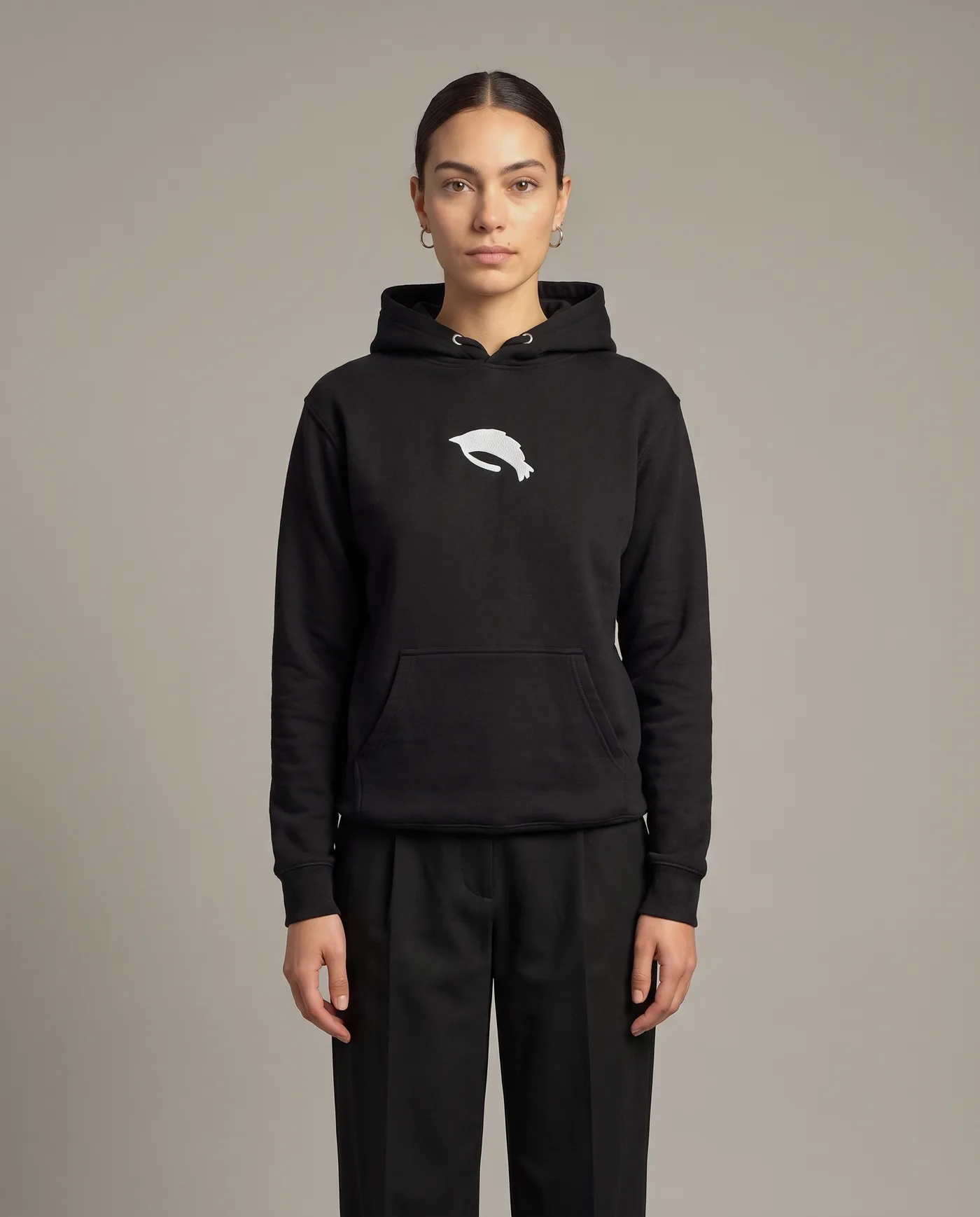 Woman in the black Shrimp Hoodie with embroidered shrimp motif