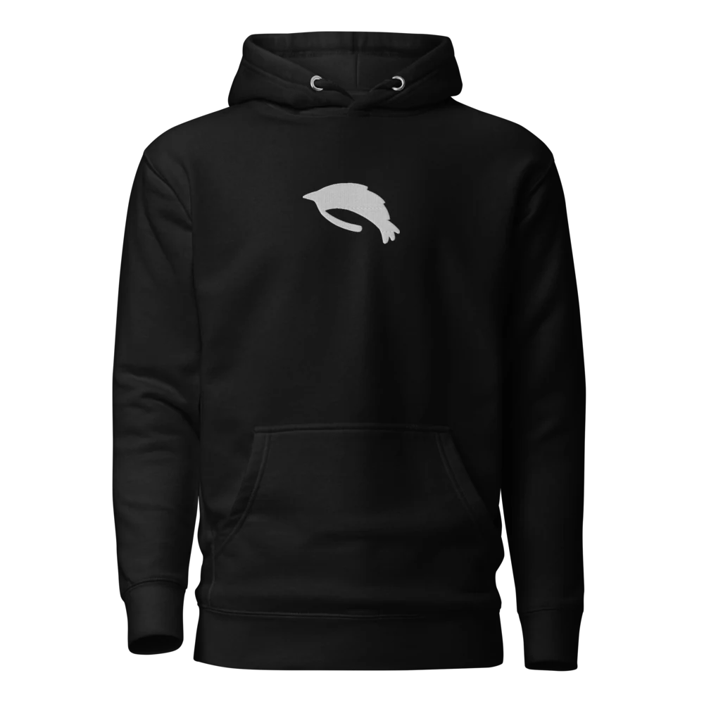 Black premium hoodie with a shrimp embroidered in white on the chest — Deep Water, edition of 100
