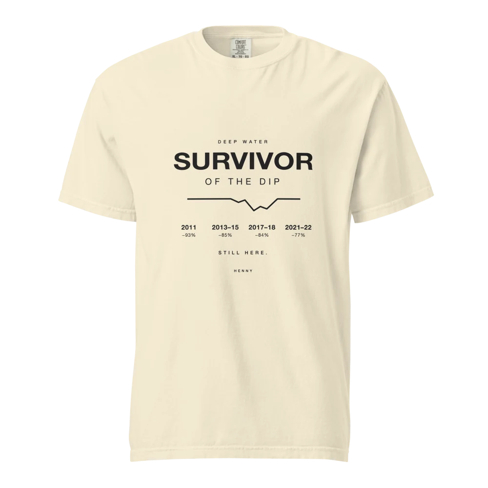 Ivory T-shirt with the Survivor of the Dip lettering — Deep Water, edition of 150